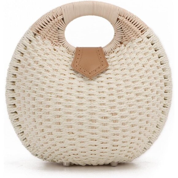 Straw Purses for Women Summer Beach Rattan Tote Bag Round Handle Ring Handbag Re